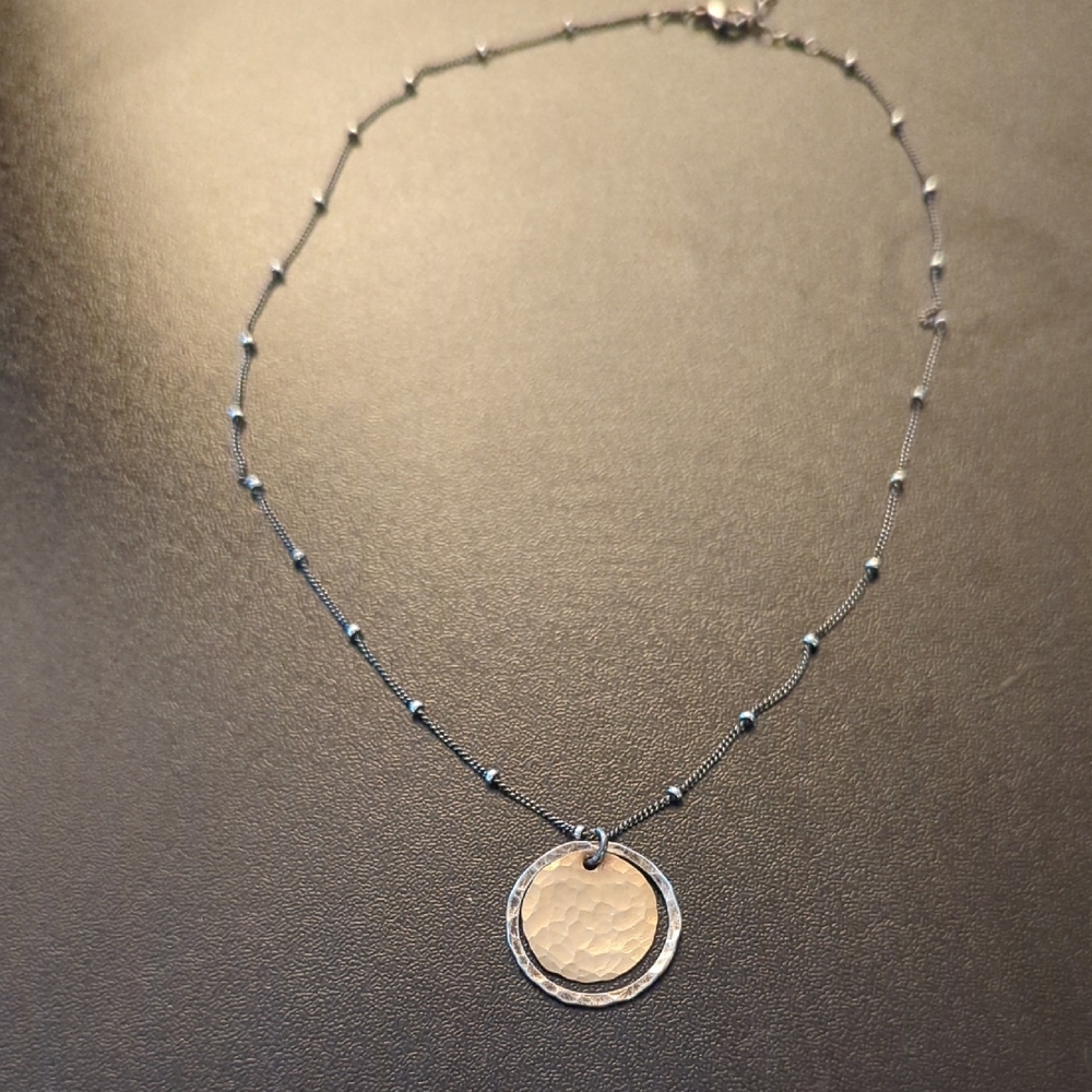 Hammered Sterling Silver And 14kt Gold Pendant and Chain